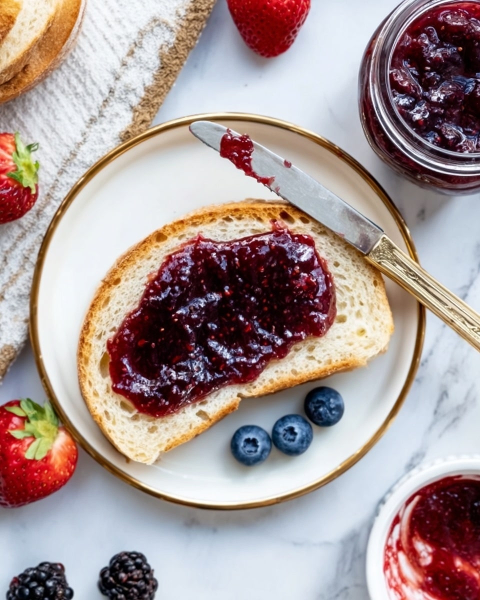 A white plate with a gold rim holds a thick slice of bread topped with a spread of dark red jam. The bread has a golden-brown crust and a soft, pale inside. A silver knife with a gold handle lies on the bread with jam on its blade. Three fresh blueberries sit near the bottom edge of the bread on the plate. Around the plate, there are strawberries and blackberries partially visible. The background is a white marbled surface with a small white bowl filled with red jam on the right side. A woman's hand is not visible in this image. Photo taken with an iphone --ar 4:5 --v 7