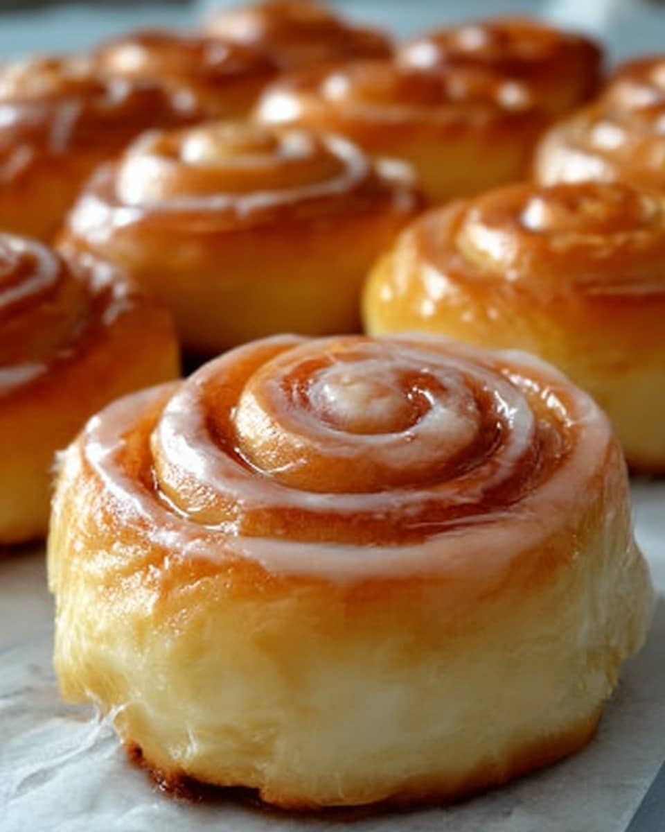 The image shows several shiny, golden-brown cinnamon rolls arranged in rows on a white marbled surface, with one roll in the front very close up. Each roll has a layered, spiral shape with smooth, glossy icing that looks light creamy or off-white on top, blending with the more golden dough underneath. The texture of the dough looks soft and fluffy, while the icing has a smooth, slightly shiny finish. The background is softly blurred, focusing attention on the detailed rolls. Photo taken with an iphone --ar 4:5 --v 7