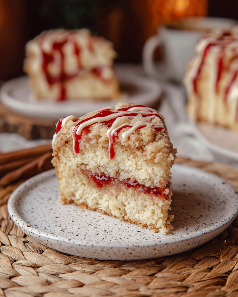 A square piece of crumb cake sits on a white speckled plate, placed on a woven straw mat. The cake shows two layers of soft, light beige crumb with a thin layer of red jam in the middle. The top is covered with crumbly streusel and drizzled with white icing and red jam that runs down the sides. Two more similar cake pieces are blurred in the background on white plates, all set on a white marbled surface. photo taken with an iphone --ar 4:5 --v 7