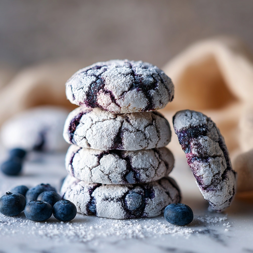 The image shows a stack of four round cookies with a cracked surface, on a dark bluish table with a white marbled texture. Each cookie has a white top with deep blue and purple cracks, showing a soft inside beneath a dusting of powdered sugar. In front of the stack is a single cookie leaning against it, showing the same textured cracks. Around the cookies are a few fresh blueberries scattered on the table. The background is blurred, with more cracked cookies and a beige cloth visible to the side. The colors focus on white, deep blue, and purple tones. photo taken with an iphone --ar 4:5 --v 7