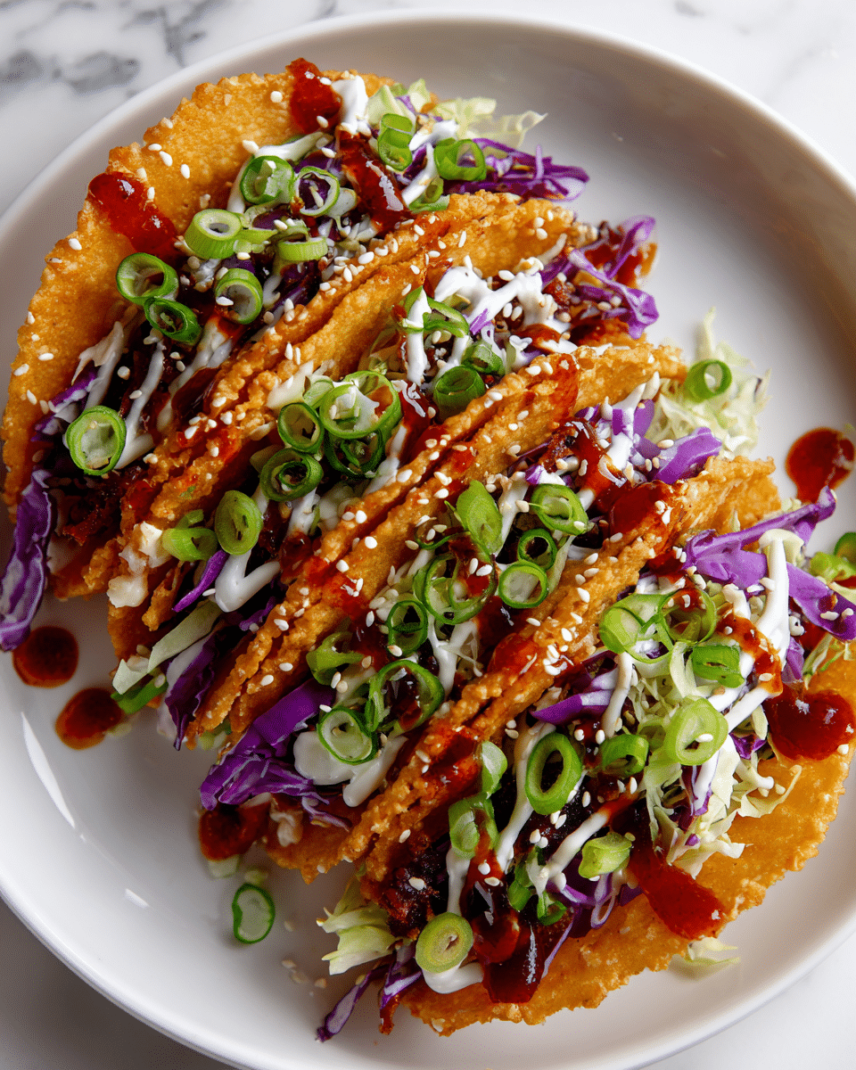 The image shows three crispy wonton shells shaped like small cups, each filled with layers of fresh, colorful ingredients. The base layer inside the wonton shells is made of finely shredded green and purple cabbage, topped with pieces of golden-brown fried chicken or tofu. A thick, glossy reddish-brown sauce is drizzled over the filling, adding shine and moisture. Each cup is garnished with small green onion slices and sprinkled with white sesame seeds, adding texture and color contrast. The wonton cups are placed on a white plate on a white marbled surface, with a soft background showing more food out of focus. Photo taken with an iphone --ar 4:5 --v 7
