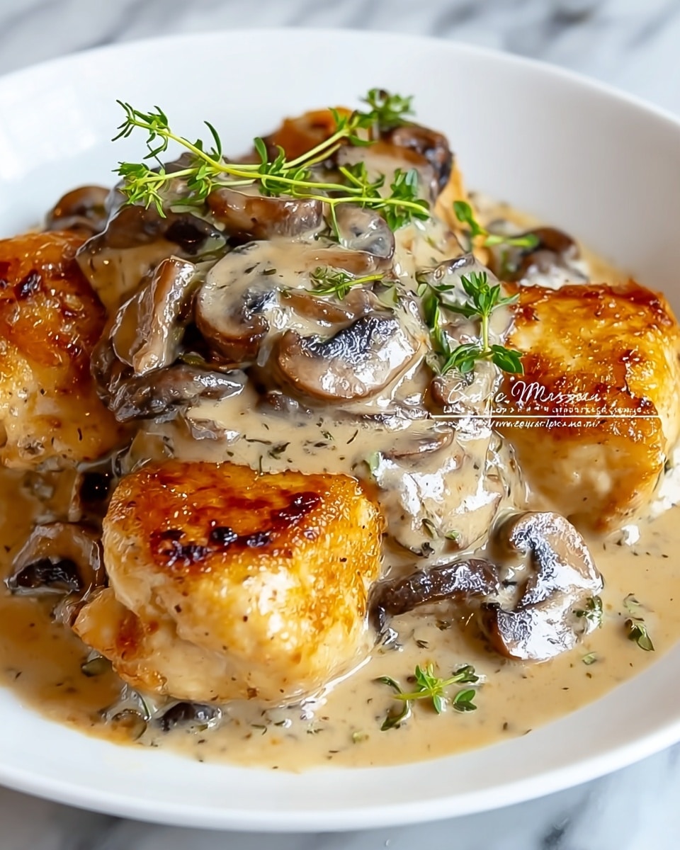 The dish shows several golden-brown chicken pieces at the bottom layer, covered by a thick creamy sauce with a light beige color. On top of the sauce, there are dark brown sautéed mushroom slices scattered evenly. Fresh green thyme sprigs are placed on the very top, adding a contrast of color and freshness. All this is presented on a white plate on a white marbled textured surface. photo taken with an iphone --ar 4:5 --v 7