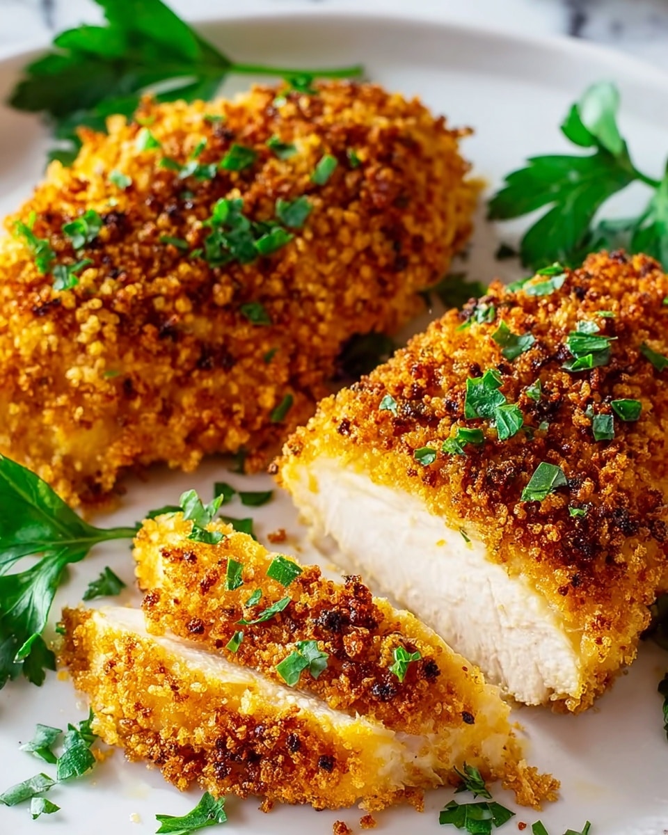 The image shows two slices of crispy golden-brown breaded chicken with a crunchy texture on a white plate. The chicken is coated with a crumbly layer of small, toasted bread crumbs with hints of darker brown where it is extra crispy. Fresh green parsley leaves are scattered on top as garnish, adding a pop of color against the warm orange and brown shades of the chicken. The white plate contrasts with the rich colors, and the background is a white marbled texture. Photo taken with an iphone --ar 4:5 --v 7