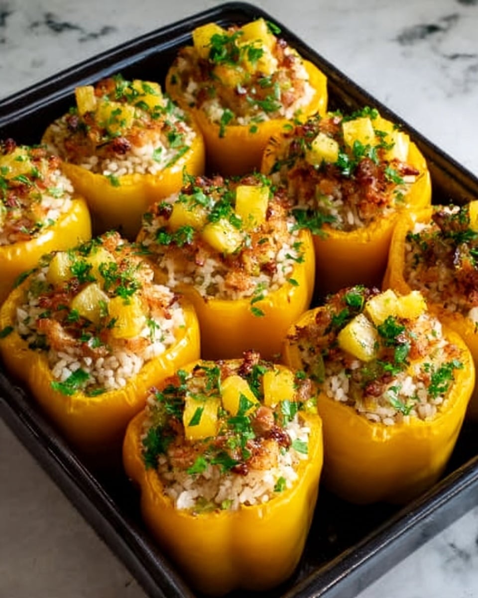 The image shows nine bright yellow bell pepper halves arranged in a black baking dish on a white marbled surface. Each pepper half is filled with cooked rice at the bottom layer, topped with small golden chunks of cooked pineapple, and sprinkled with chopped green herbs and small bits of browned meat. The colors contrast with the shiny, smooth texture of the peppers and the moist, chunky filling inside. The scene is warm and inviting, taken from a close angle showing the stuffed peppers clearly. photo taken with an iphone --ar 4:5 --v 7