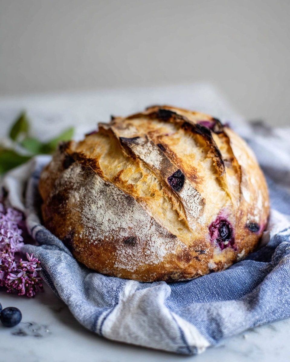 The image shows a round loaf of bread with a golden brown crust that has dark brown toasted spots. The bread has a rustic look with deep cuts on the surface, revealing some purple-blue swirls inside, indicating berries baked into the dough. It rests on a soft, crumpled blue and white striped cloth that lies on a white marbled surface. In the background, there are blurred purple flowers and a few blueberries partially visible to the right. Photo taken with an iphone --ar 4:5 --v 7