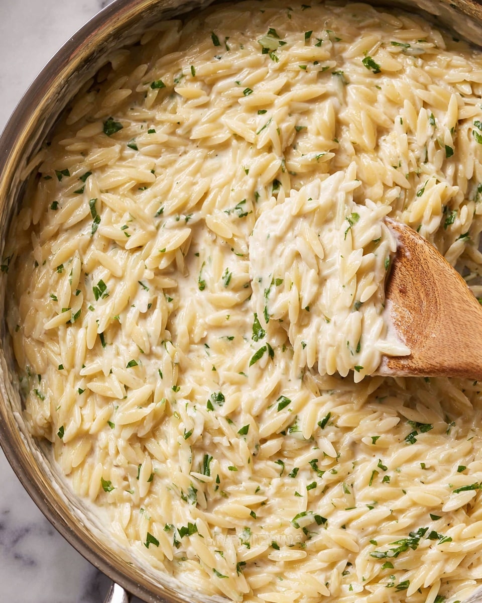 A close-up view of a creamy orzo pasta dish in a shiny metal pan, showing one thick layer of small, rice-shaped pasta coated with a smooth, creamy white sauce mixed with tiny bits of green herbs scattered on top. A wooden spoon with a light brown color is partially buried in the pasta, lifting some orzo in the center, creating soft textures and waves in the sauce and pasta. The whole scene is on a white marbled surface with soft, natural lighting highlighting the creamy shine of the pasta. Photo taken with an iphone --ar 4:5 --v 7