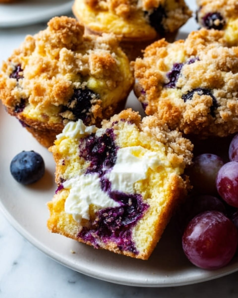 The image shows a white plate with three blueberry muffins. The muffins have a crumbly golden-brown top layer, with some crumb pieces scattered on the plate. Inside, the muffin is yellow and soft, filled with dark purple blueberries. One muffin is cut open, showing the blueberries inside clearly. Around the plate, there are a few fresh blueberries and dark red grapes. The background is a white marbled texture. Photo taken with an iphone --ar 4:5 --v 7