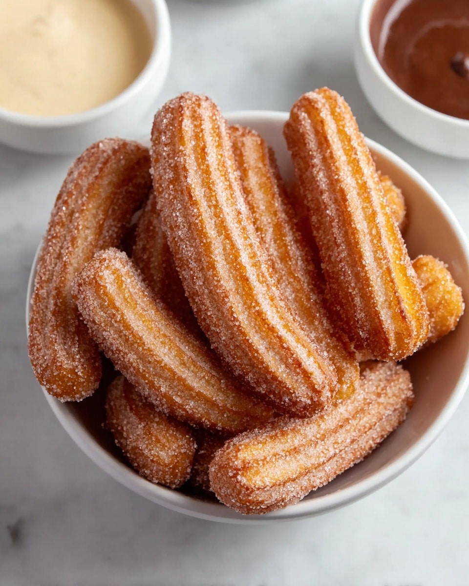 A white bowl filled with about ten mini churros stacked unevenly; each churro is golden brown with a ridged surface and coated in a layer of sugar that sparkles slightly. The churros have a crunchy outside texture visible from the sugar crystals and a soft, slightly yellowish interior peeking at the ridges. Around the bowl, a white marbled surface is visible with two small bowls partially shown—one with white sauce and the other with dark chocolate sauce. photo taken with an iphone --ar 4:5 --v 7