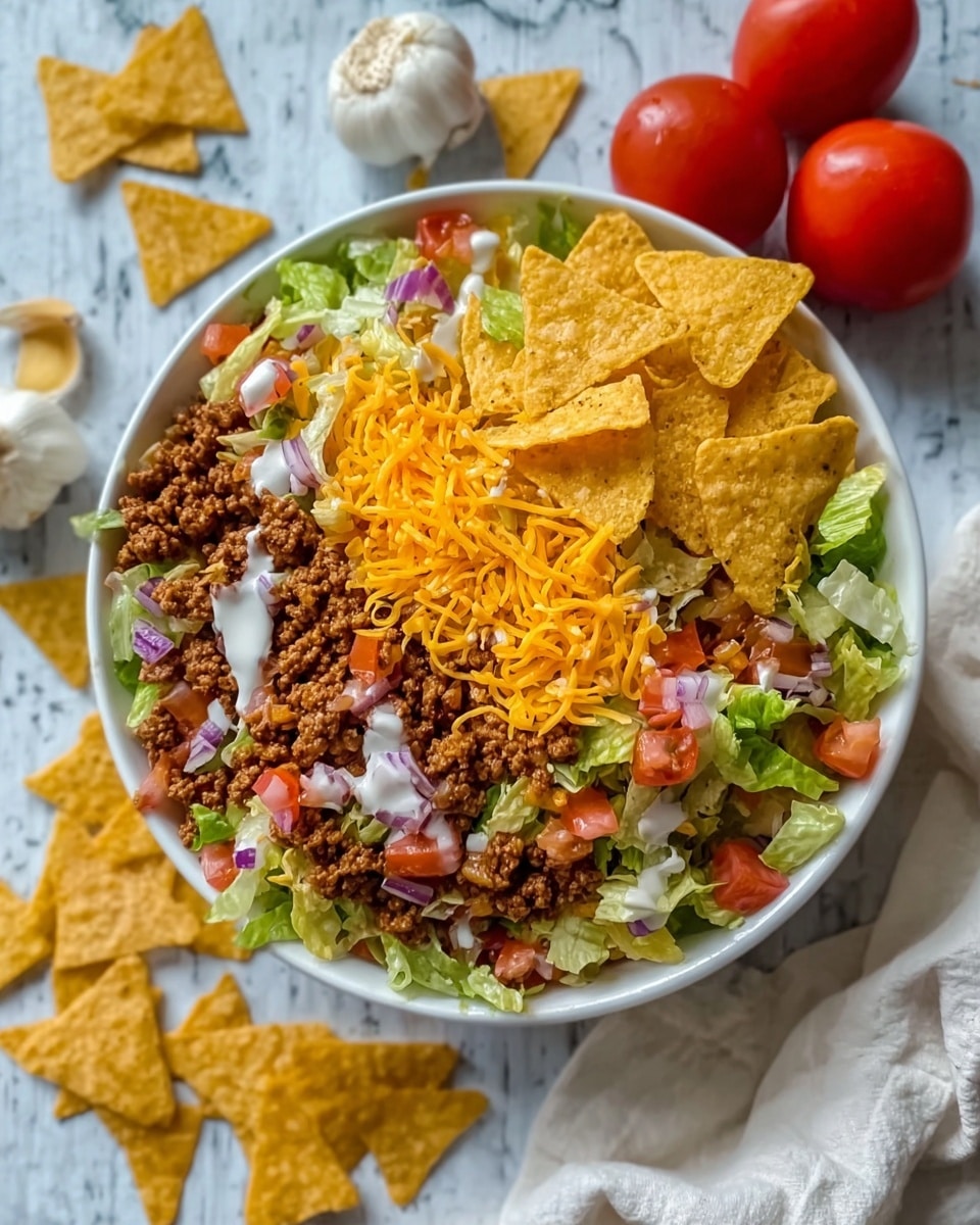 A white bowl filled with a taco salad showing multiple layers: the bottom layer is light green crunchy lettuce, followed by chunks of red tomatoes and bits of purple onions, then a layer of cooked ground beef with a brown color, topped with scattered shredded orange cheddar cheese and crunchy yellow corn tortilla chips. Some white creamy dressing is drizzled unevenly over the salad, and a few pieces of tortilla chips are placed on the white marbled surface around the bowl, along with whole red tomatoes and a white garlic bulb in the background. photo taken with an iphone --ar 4:5 --v 7