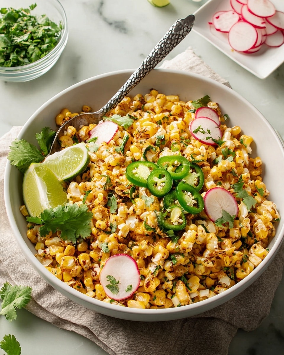 A white bowl filled with about three layers of roasted corn kernels mixed with finely chopped herbs creating a golden yellow and green speckled texture. The top layer includes vibrant green sliced jalapenos and thin, light pink radish slices. Bright green cilantro leaves sit in the center for garnish. Two lime wedges with pale yellow-green flesh rest on the left side of the bowl. A silver spoon is placed inside the bowl on the left, partially buried in the corn. The bowl is set on a white marbled textured surface with a white cloth underneath, and scattered cilantro leaves around. photo taken with an iphone --ar 4:5 --v 7