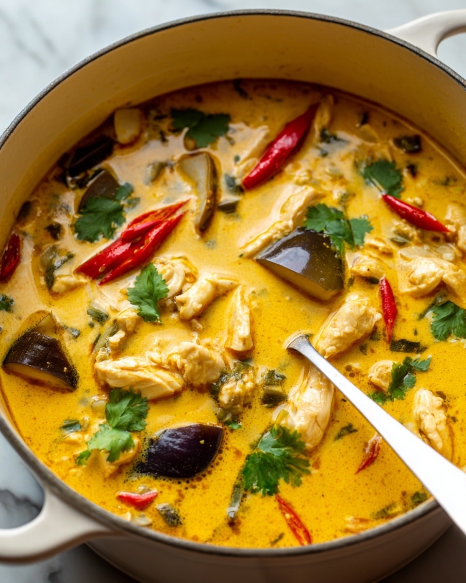 A close-up of a white pot filled with a creamy yellow curry soup. The soup has pieces of white chicken meat, whole small red chili peppers, and dark round mushrooms floating on the surface. Bright green cilantro leaves are scattered on top, adding a fresh contrast. A silver spoon rests inside the pot, with the handle leaning on the edge. The pot is set on a white marbled surface. photo taken with an iphone --ar 4:5 --v 7