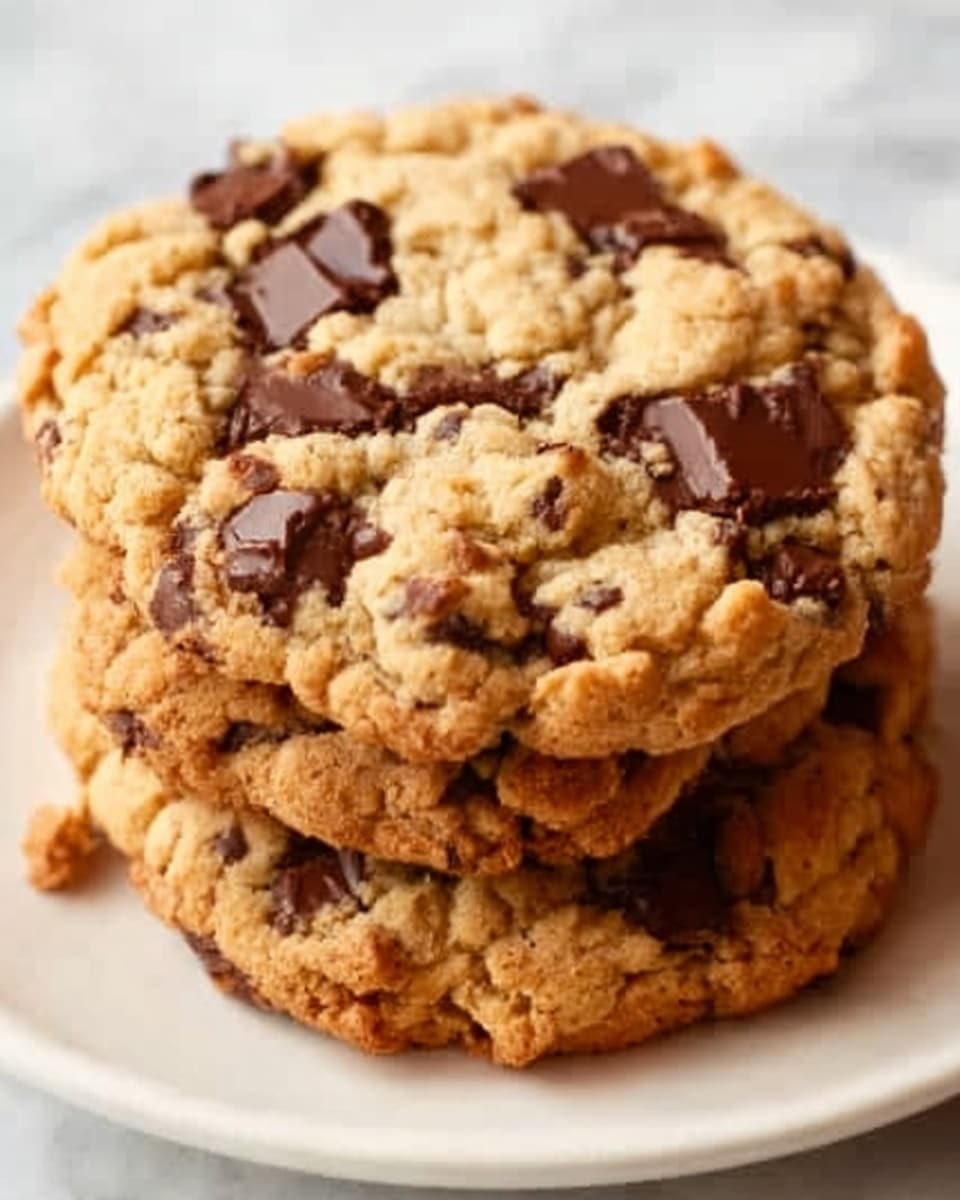 The image shows a close-up of three round chocolate chip cookies stacked unevenly on a white plate. Each cookie has a golden-brown color with a slightly crispy texture and is filled with dark brown chocolate chunks scattered throughout. The surface of the cookies has small cracks and a slightly rough look, giving a homemade feel. The background consists of a white marbled texture. photo taken with an iphone --ar 4:5 --v 7