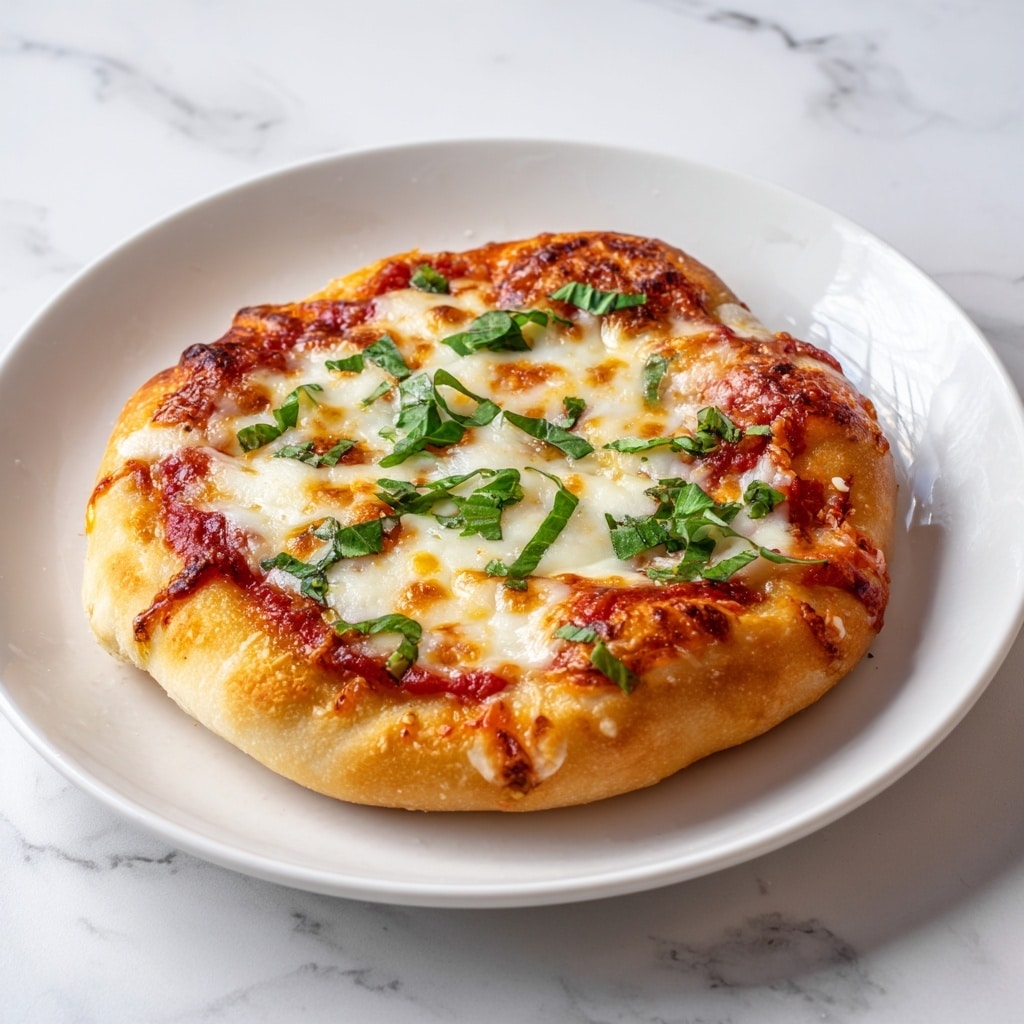 A close-up view of a small pizza with six slices on a white plate, placed on a white marbled surface. The pizza has a golden brown, slightly puffy crust with some charred spots. The base layer is bright red tomato sauce spread evenly. On top, there are melted white mozzarella cheese patches with a bubbly and smooth texture. Fresh green basil leaves are scattered on the cheese, adding a touch of vibrant color. The pizza looks warm and freshly baked, with gooey cheese stretching slightly. Photo taken with an iphone --ar 4:5 --v 7