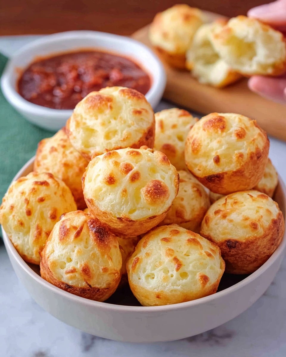 A round white bowl filled with about fifteen small baked cheese bread balls that are golden brown on top with a slightly uneven, bumpy texture showing melted cheese. The bread balls have a light, fluffy inside with some darker spots from baking. Behind the bowl, there is a small white bowl holding red sauce with two bread balls being dipped, one held by a woman's hand. The bowls sit on a light wooden board placed on a white marbled surface. The lighting is natural and soft, highlighting the golden color of the bread balls. photo taken with an iphone --ar 4:5 --v 7