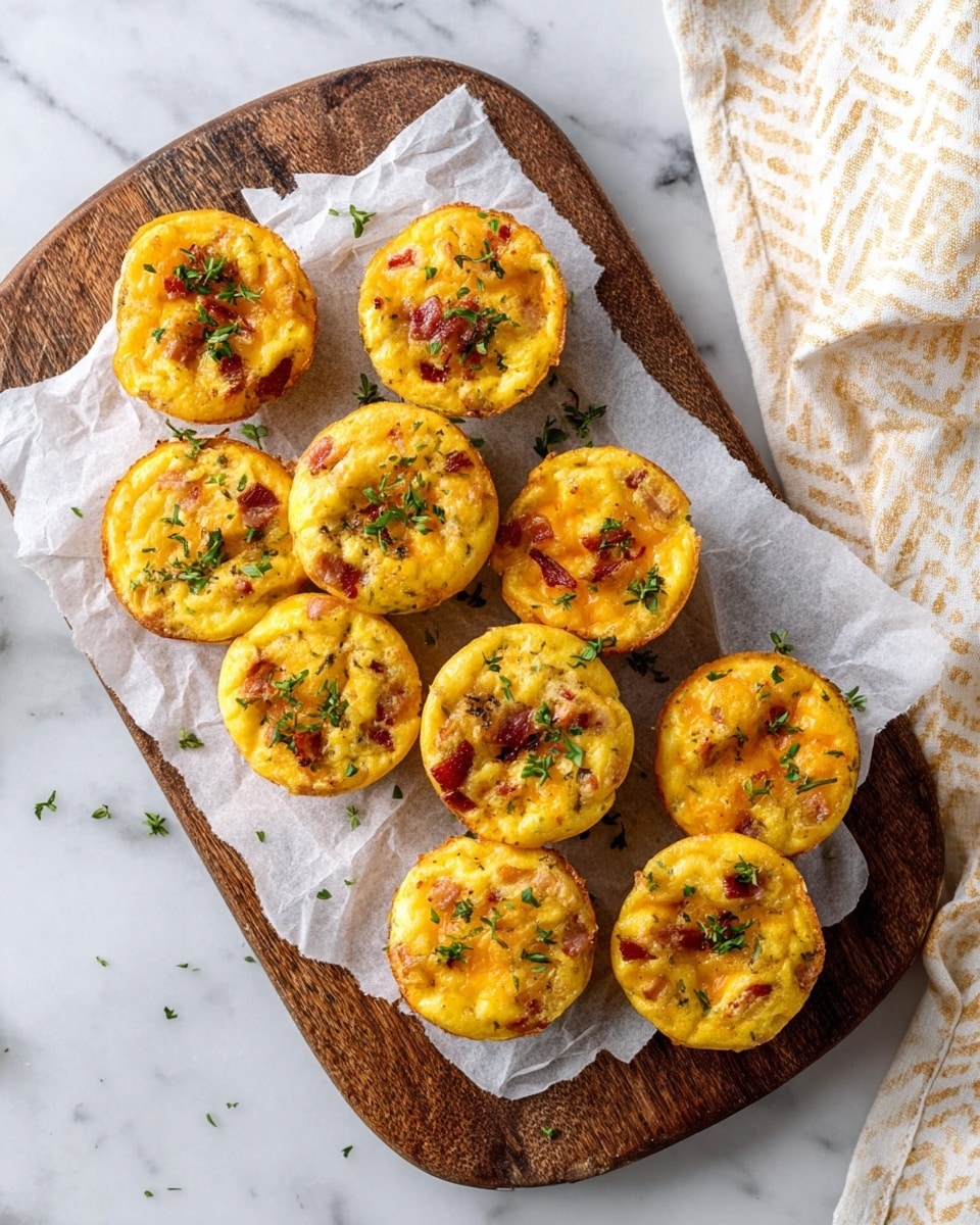 Nine small, round egg muffins are arranged on crumpled white parchment paper on a dark wooden board. Each muffin has a golden yellow top dotted with melted, slightly browned cheese and small pieces of reddish-brown bacon. The muffins are sprinkled lightly with finely chopped green herbs, adding a fresh accent. The texture of the muffins looks soft and fluffy with visible bits of ingredients inside. The board is placed on a white marbled surface, with a small round bowl filled with coarse salt and a white bottle partially visible nearby. photo taken with an iphone --ar 4:5 --v 7