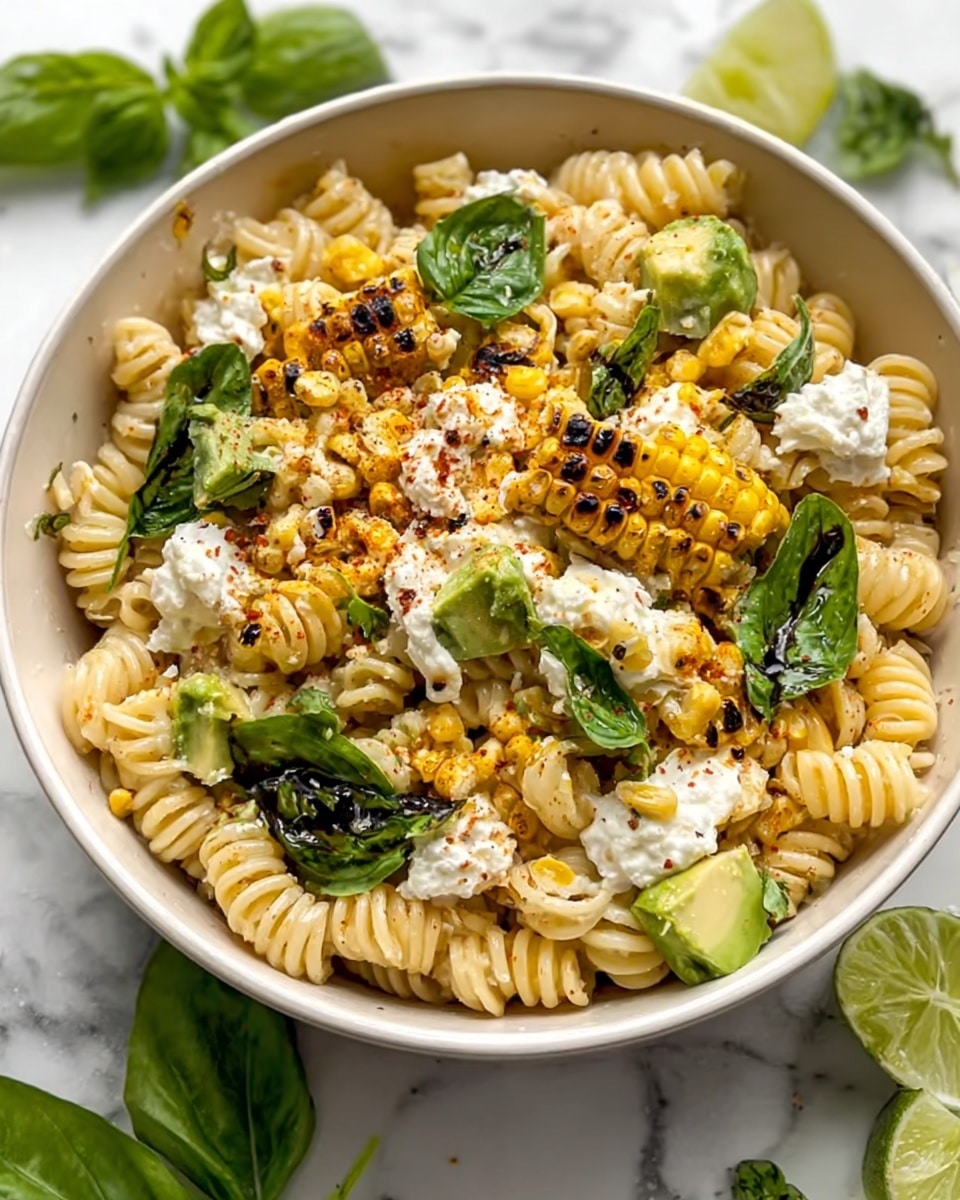 A bowl filled with several layers of food starts with a base of curled pasta with a pale creamy color and slightly rough texture. The second layer is charred corn kernels, golden yellow with some black spots from grilling, scattered across the pasta. Fresh green basil leaves are placed on top and around, adding a bright leafy texture. Clumps of white, soft cheese are sprinkled generously over the dish. Wedges of light green avocado sit on the edges, adding a smooth and creamy contrast. A light dusting of reddish seasoning is spread over everything, giving a pop of warm color. The bowl is white and has a smooth slightly speckled surface, placed on a white marbled background. photo taken with an iphone --ar 4:5 --v 7