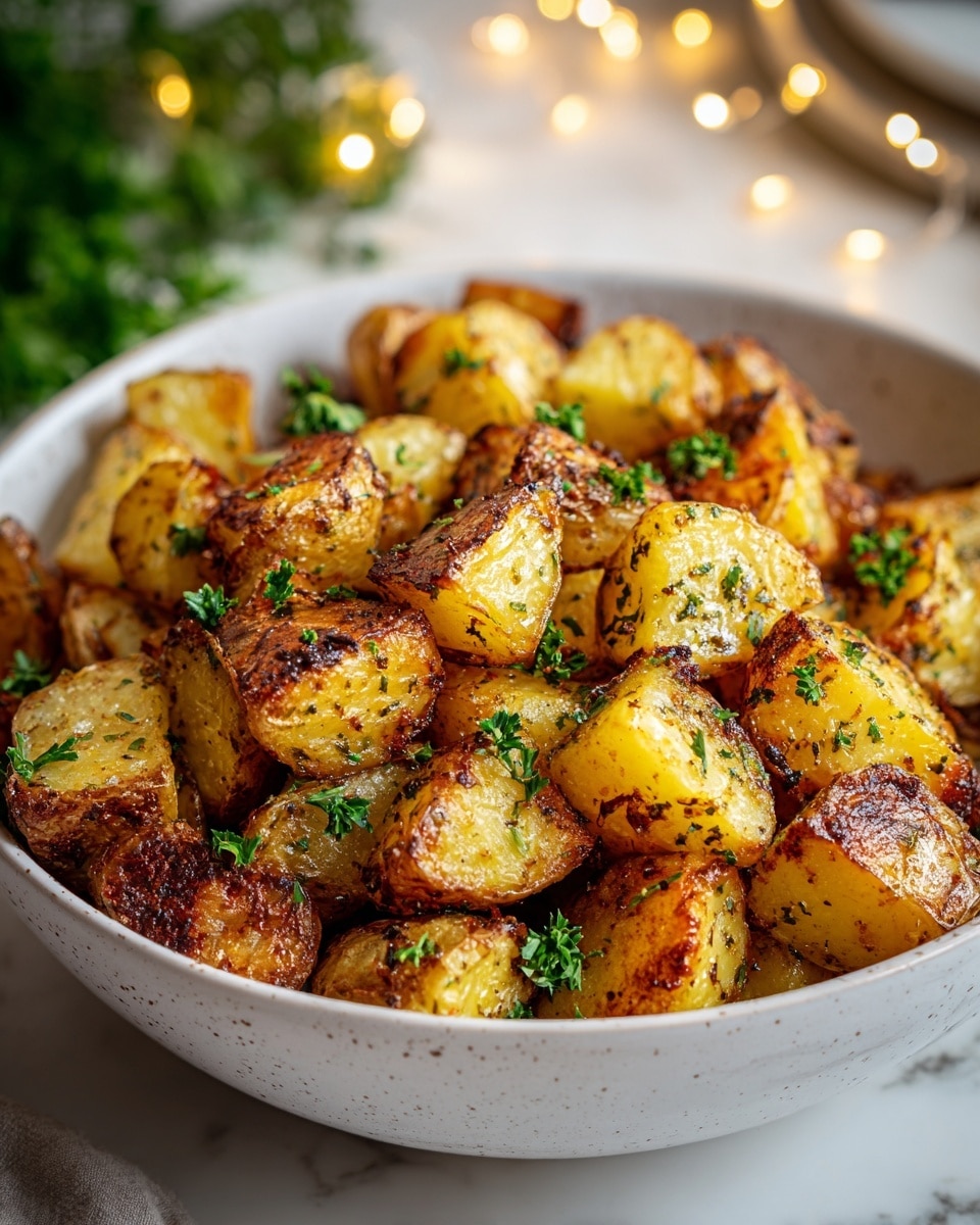 A white bowl filled with roasted baby potatoes cut into halves and quarters, showing a mix of golden brown crispy edges and softer yellow inner flesh. The potatoes are sprinkled with finely chopped green herbs, adding a fresh touch. Some pieces have a crispy, slightly charred texture, while others remain tender with specks of black pepper and seasoning. The bowl rests on a white marbled surface with blurred green leaves and warm yellow string lights in the soft background, creating a cozy atmosphere. photo taken with an iphone --ar 4:5 --v 7