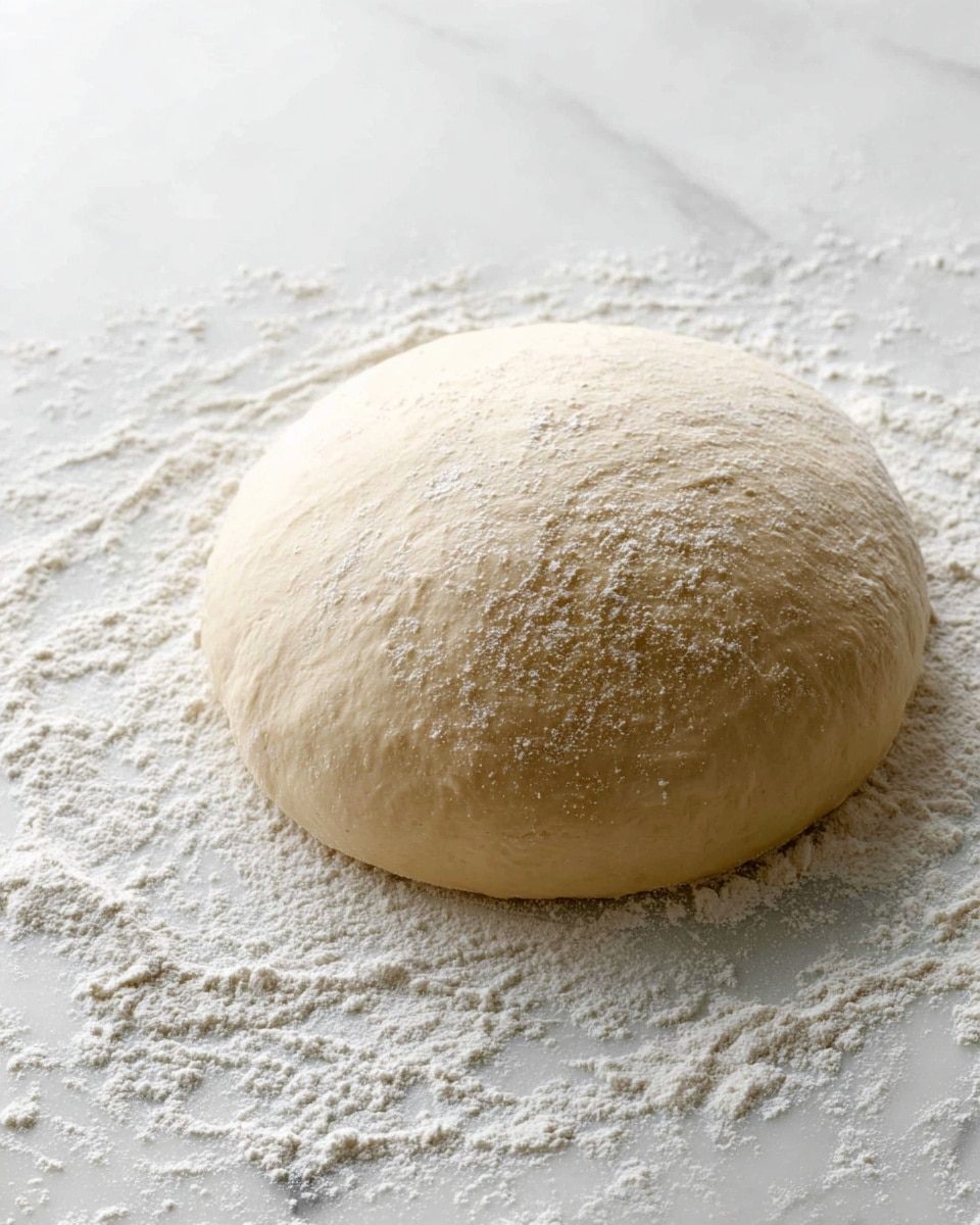 A close-up view of a single large, smooth, and slightly puffy dough ball resting on a white marbled surface with scattered white flour around its base, showing a soft and slightly textured outer layer. Photo taken with an iphone --ar 4:5 --v 7