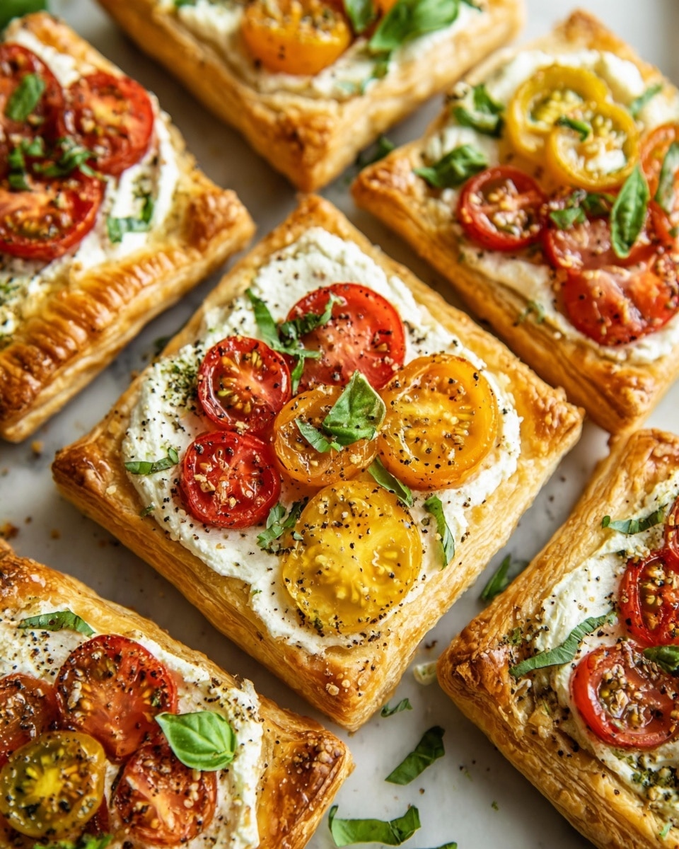 Several square puff pastry tarts with golden, crispy edges are topped with a creamy white cheese layer. On top of this cheese layer sit halved cherry tomatoes in red, yellow, and orange colors, each showing seeds and a juicy texture. Finely chopped fresh green basil is sprinkled over the tomatoes and cheese, adding a fresh touch. The tarts are arranged close together on a white marbled surface. Photo taken with an iphone --ar 4:5 --v 7