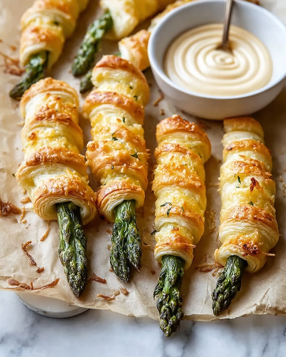 The image shows six green asparagus spears wrapped in golden-brown, flaky pastry spirals with a slightly shiny finish and some crumb bits around them, laid out on parchment paper over a white marbled surface. The pastry is twisted tightly around the middle and lower parts of the asparagus, leaving the bright green tips visible. In the top left corner, a small white bowl contains a creamy white sauce with a swirl of yellow on top. A wooden spoon and sprigs of herbs appear blurred in the background, adding a rustic touch. Photo taken with an iphone --ar 4:5 --v 7