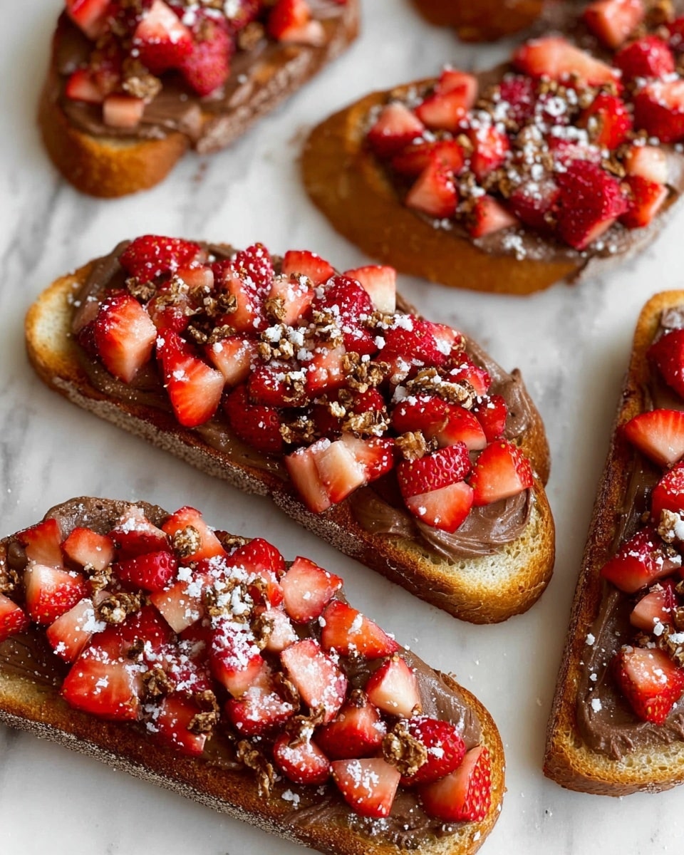 Several pieces of toasted bread are laid out on a white marbled surface, each topped with a thick, smooth layer of chocolate spread. On top of the chocolate, there is a generous heap of small, diced strawberries in bright red and pink shades, creating a fresh and juicy look. Scattered over the strawberries are small, crunchy bits of light-colored cereal and a dusting of white powdered sugar, adding a delicate texture and brightness. The bread edges are golden-brown and slightly crispy, contrasting with the rich chocolate and vibrant fruit. photo taken with an iphone --ar 4:5 --v 7