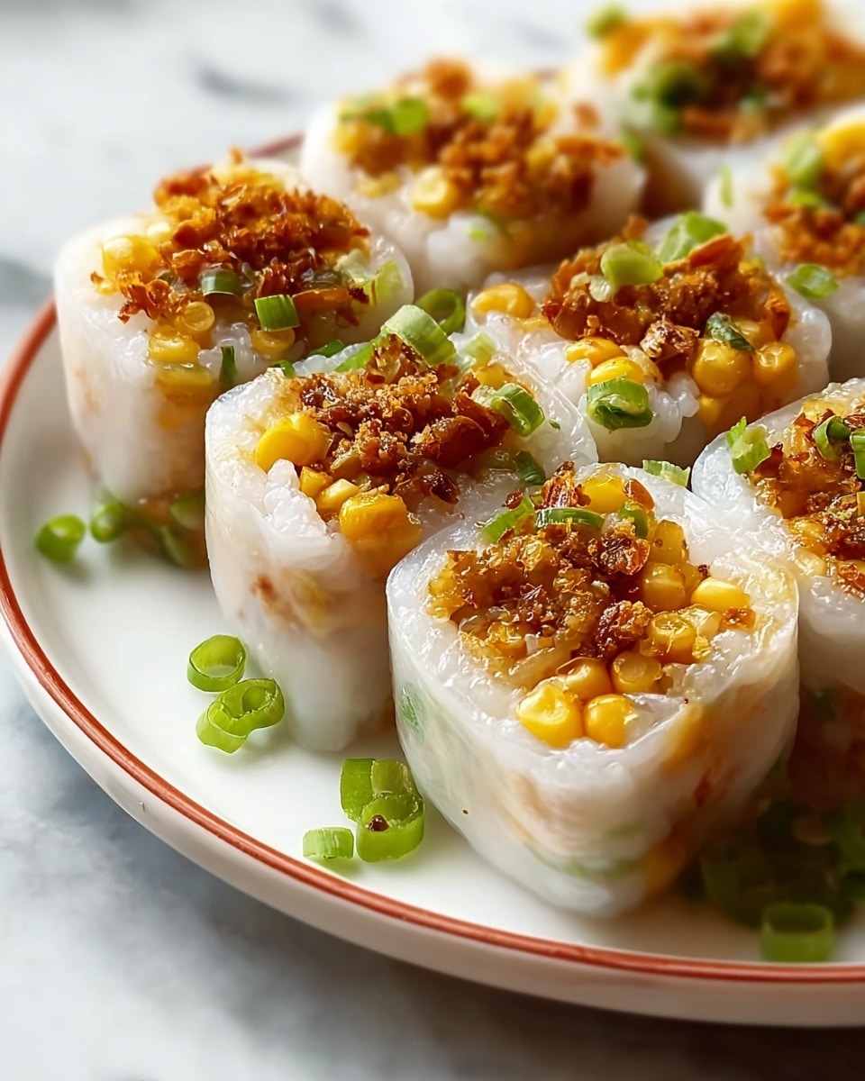 The image shows close-up sushi rolls arranged in a line on a white plate with a thin red rim, placed on a white marbled surface. Each roll has a translucent white rice paper outer layer, tightly wrapped showing the layers inside. The first layer visible inside is sticky white rice, followed by crispy golden brown bits mixed with bright yellow corn kernels and small green onion pieces. The top of each roll is sprinkled with more of the golden crispy bits, yellow corn, and chopped green onions. Small pieces of green onion are also scattered on the plate around the sushi rolls. Photo taken with an iphone --ar 4:5 --v 7