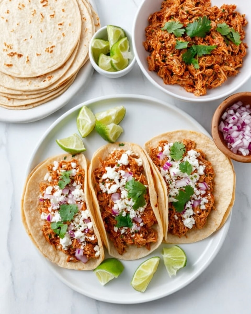 Three tacos are placed side by side on a white plate, each filled with orange shredded chicken at the bottom, topped with white cream drizzle, pink sliced onions, and small green leaves. Lime wedges are placed on the plate next to the tacos. On the left side, there is a wooden bowl with four white tortillas stacked inside. Above the plate, there is a white bowl filled with more shredded orange chicken and small green leaves on top, beside it a small white bowl with lime wedges. The whole scene is set on a white marbled surface with a red and white checked cloth visible on the right side. photo taken with an iphone --ar 4:5 --v 7