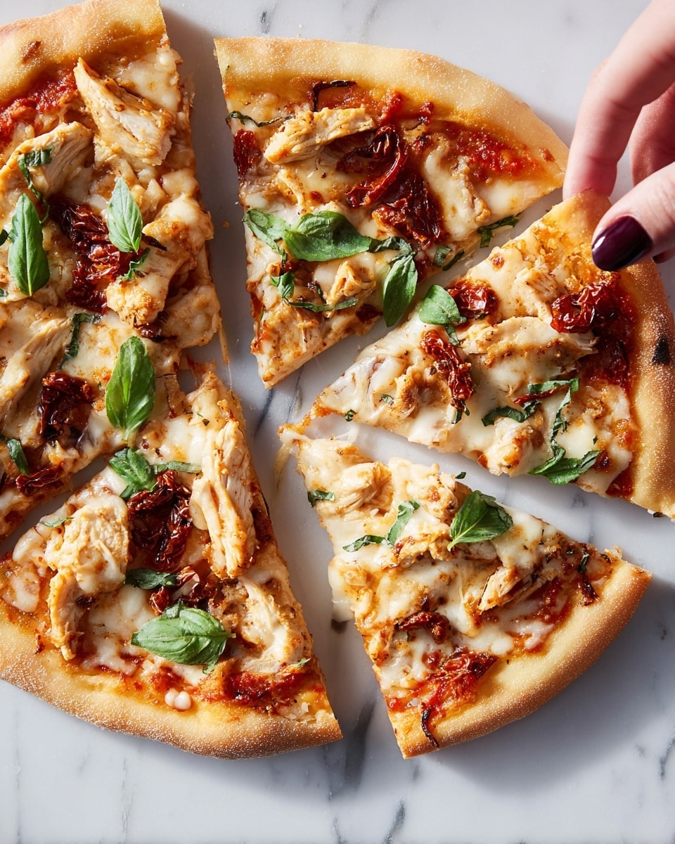 The image shows a close-up of a sliced pizza on a white plate with a white marbled background. The pizza has a thick, golden-brown crust with a soft texture. The first layer is melted cheese that is creamy and slightly browned in spots, covering the entire surface. There are strips of white chicken pieces spread unevenly across the pizza. On top of the cheese and chicken, there are deep red sun-dried tomatoes, some glossy and wrinkled, and fresh green basil leaves scattered around for color contrast. The cheese is stretching between two slices being pulled apart by a woman's hand with dark painted nails. Photo taken with an iphone --ar 4:5 --v 7