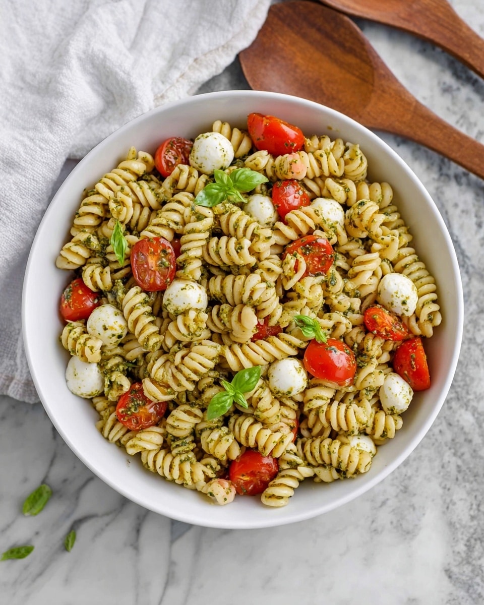 A white round bowl filled with a pasta salad made of curly cavatappi pasta that is light yellow in color, mixed with bright red cherry tomato pieces, small white mozzarella balls, and green basil leaves scattered throughout. The pasta and other ingredients are coated with a green pesto sauce that adds small herb specks on the pasta and tomatoes. The bowl is placed on a white marbled surface with a white cloth partially in the background and two dark wooden utensils beside the bowl. photo taken with an iphone --ar 4:5 --v 7