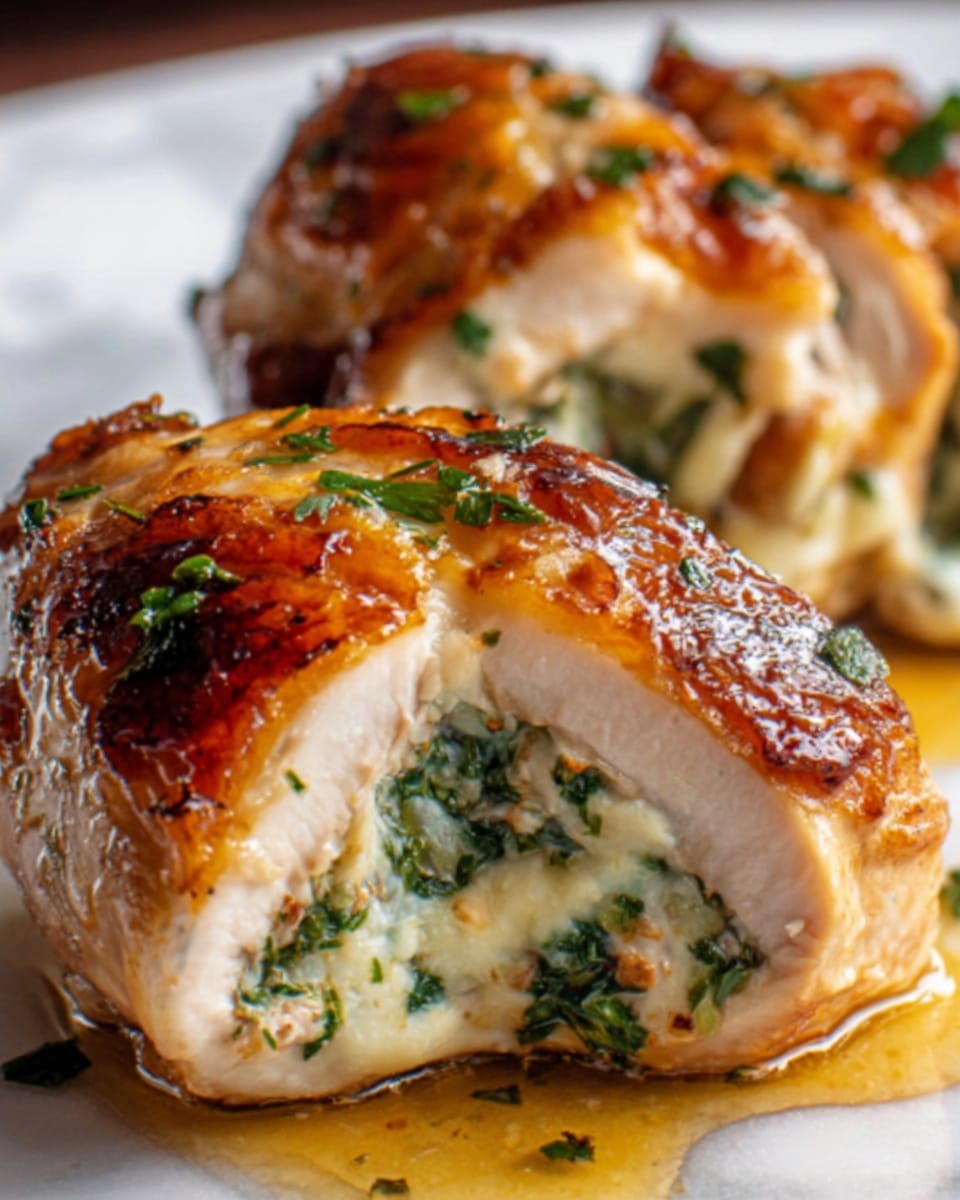 A close-up of a stuffed chicken breast cut open, showing three layers: the golden brown roasted skin on top with a slightly crispy texture, a thick layer of tender white chicken meat beneath, and inside, a creamy filling mixed with chopped green herbs and bits of melted cheese. The chicken sits on a small pool of golden sauce, glistening under soft light. The background is a white marbled surface. Photo taken with an iphone --ar 4:5 --v 7