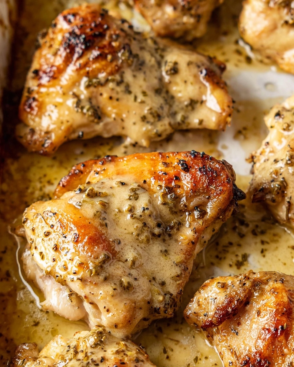 The image shows golden-brown baked chicken thighs in a white baking tray with crispy edges and a creamy sauce covering the top. The chicken pieces have a rich texture with browned spots and seasoning specks all over, sitting in a shallow pool of light golden juices. The close-up shot highlights the tender, juicy surface of the chicken, with a slightly charred and bubbling sauce making the dish look rich and flavorful. The background consists of a white marbled texture. photo taken with an iphone --ar 4:5 --v 7
