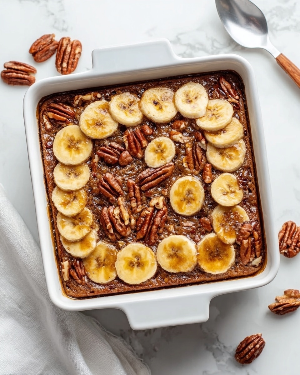 A baked square dish filled with a dark brown base, topped with a single layer of caramelized banana slices arranged evenly across the surface. Scattered among the banana slices are whole pecans and some crushed nut pieces, giving a crunchy texture. The edges of the dish show slightly darker, toasted spots, adding depth to the look. The dish is placed on a white marbled surface. photo taken with an iphone --ar 4:5 --v 7