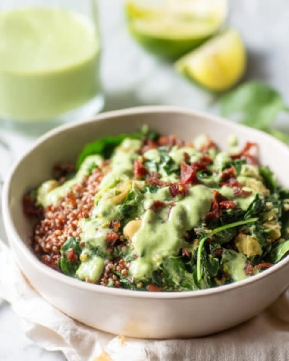The image shows a white bowl filled with a fresh salad. The salad has a base layer of dark green leafy vegetables mixed with red lentils. On top, there is a creamy green dressing drizzled evenly over the salad. The bowl sits on a soft white cloth on a white marbled surface. In the blurry background, there is a glass with a green drink and pieces of lime. A woman's hand gently holds the side of the bowl. Photo taken with an iphone --ar 4:5 --v 7