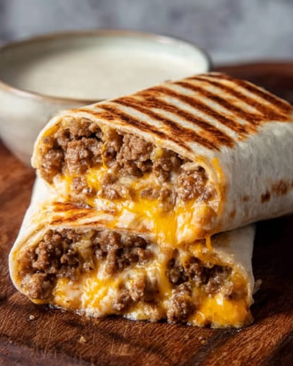 The image shows a close-up of a toasted burrito cut in half, stacked with one half on top of the other. The burrito has a light golden-brown grilled tortilla with dark grill lines running horizontally. Inside, there are two main layers: a juicy cooked ground beef layer at the top with a slightly crumbly texture and a rich melted orange cheese layer below it that stretches and oozes out between the halves. The burrito is placed on a wooden surface. The melted cheese looks smooth and creamy, contrasting with the textured beef. photo taken with an iphone --ar 4:5 --v 7