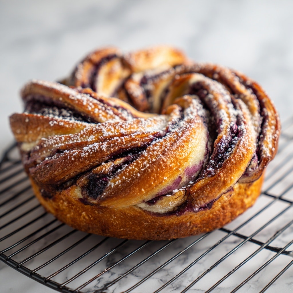 A twisted round pastry with three visible layers: the outer golden-brown dough layer with a light, shiny crust and a dusting of powdered sugar on top, the middle cream cheese layer which is pale and smooth, and the inner dark purple blueberry filling that is glossy and thick, peeking through the twists. The babka is placed on a black wire rack resting on a white marbled surface. The twisted pattern creates a spiral effect, showing the contrast between the warm dough and the rich blueberry filling. Photo taken with an iphone --ar 4:5 --v 7