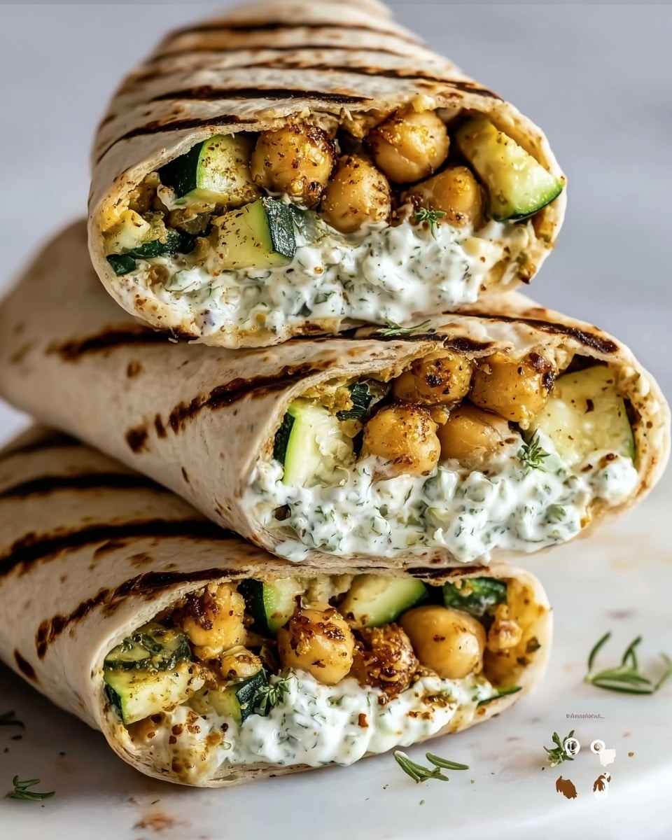A close-up of three stacked wraps, each cut in half to show fillings inside soft, lightly grilled flatbreads with brown grill marks. Inside each wrap, there is a thick base layer of creamy white sauce containing green herbs, followed by a middle layer of golden-brown chickpeas with some charred spots. The top layer consists of chopped green zucchini pieces with a slightly roasted texture. The wraps are placed on a surface with a white marbled texture. photo taken with an iphone --ar 4:5 --v 7
