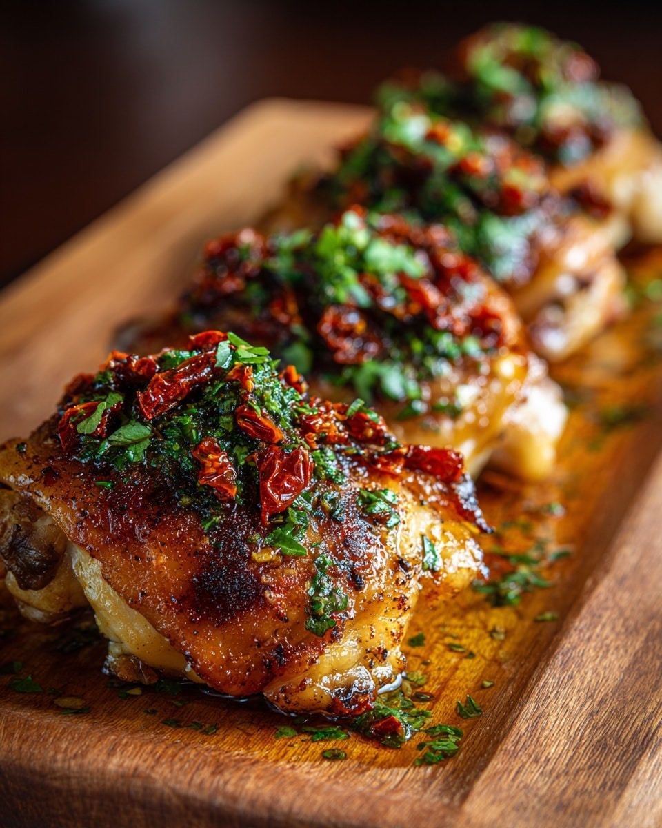 Four pieces of golden-brown roasted chicken thighs sit on a white cutting board. Each piece is topped with a bright, fresh green parsley and herb mix and small pieces of dark red dried tomatoes, creating a colorful contrast. The chicken skin is crispy and seasoned with herbs, while the flavorful topping looks moist and slightly oily. There is a small pool of shiny oil and herbs around the chicken pieces on the board. The background has a soft focus with a white marbled texture beneath. photo taken with an iphone --ar 4:5 --v 7