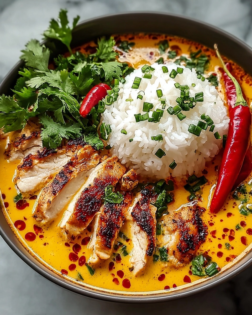 A bowl filled with a creamy yellow curry base, dotted with red chili oil and green onion pieces spread throughout. On top, there are several grilled chicken slices with a charred golden brown surface, arranged next to a neat mound of fluffy white rice sprinkled with small cilantro leaves. Bright green cilantro sprigs and two whole red chili peppers rest on the chicken, adding vibrant color and freshness. The bowl is white and sits on a white marbled texture surface. photo taken with an iphone --ar 4:5 --v 7