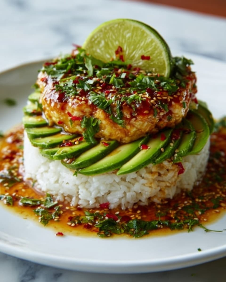 The image shows a layered dish on a white plate with a white marbled background. The bottom layer is a round mound of white rice with a soft texture. On top of the rice is a thick layer of sliced green avocado pieces arranged evenly in a circular shape. Above the avocado, there is a golden-brown cooked patty that looks crispy on the edges. The patty is covered with a dark, shiny sauce drizzled generously. The dish is garnished with finely chopped green herbs and bits of red chili flakes scattered over the top and around the plate. A wedge of green lime sits on top of the patty for decoration. Photo taken with an iphone --ar 4:5 --v 7