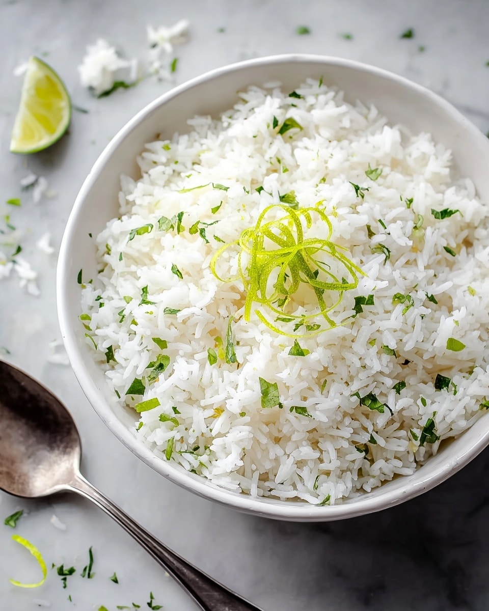 A white bowl filled with fluffy white rice mixed with finely chopped green herbs, scattered evenly throughout the rice, with thin bright green lime zest strips placed neatly on top as a garnish. The bowl sits on a white marbled surface with some scattered rice grains and lime zest around it. To the left of the bowl is a metal spoon lying flat on the surface. photo taken with an iphone --ar 4:5 --v 7