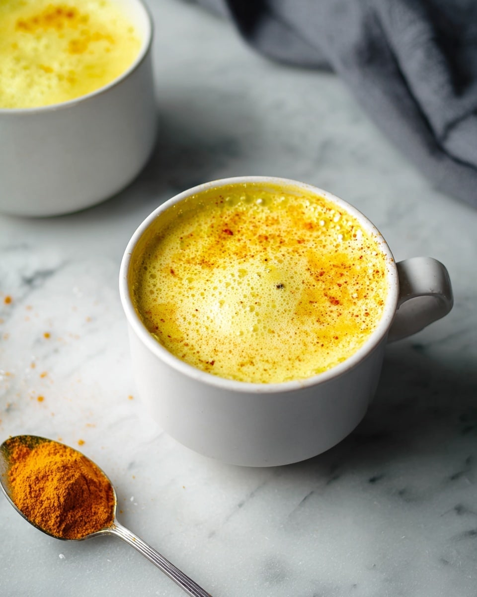 The image shows a white mug filled with a frothy, bright yellow drink topped with light brown specks of spice, sitting on a white marbled surface. The drink has a thick, foamy texture on the top layer with a smooth and creamy appearance underneath. Next to the mug is a metal teaspoon holding vibrant orange turmeric powder, adding a hint of color contrast. In the background, there is a second white cup partially visible with the same yellow drink. A dark cloth is draped on the right side. The lighting highlights the creamy texture and spice topping on the drink. photo taken with an iphone --ar 4:5 --v 7