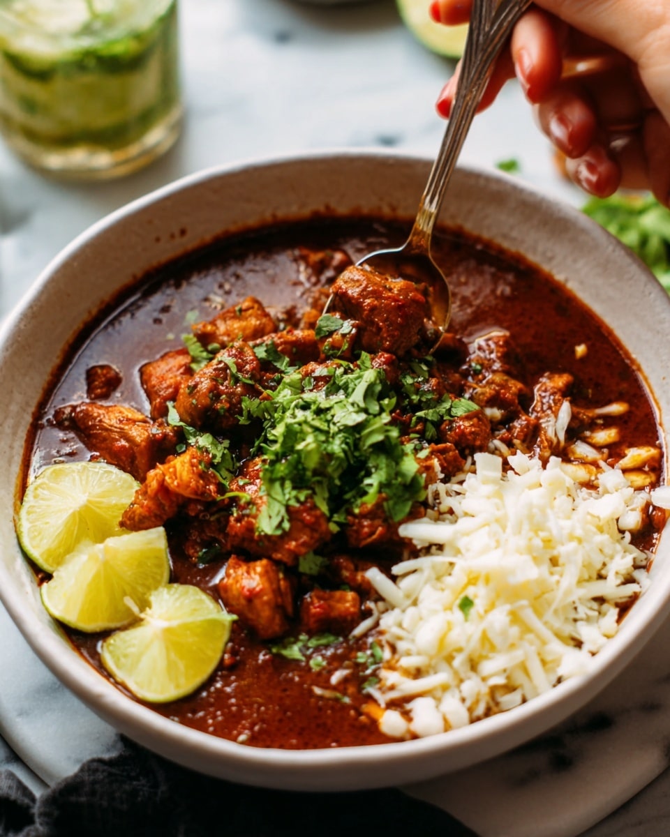 A white bowl filled with a rich, reddish-brown stew that has chunks of meat and beans. On the left side of the bowl, there are two lime wedges resting on top of sliced pale green avocado. The top right side has a layer of white shredded cheese being sprinkled by a woman's hand holding a spoon. In the center, fresh green cilantro leaves sit as a garnish over the stew. The bowl is placed on a white marbled surface with a black cloth to the left and blurred drinks and containers in the background. Photo taken with an iphone --ar 4:5 --v 7