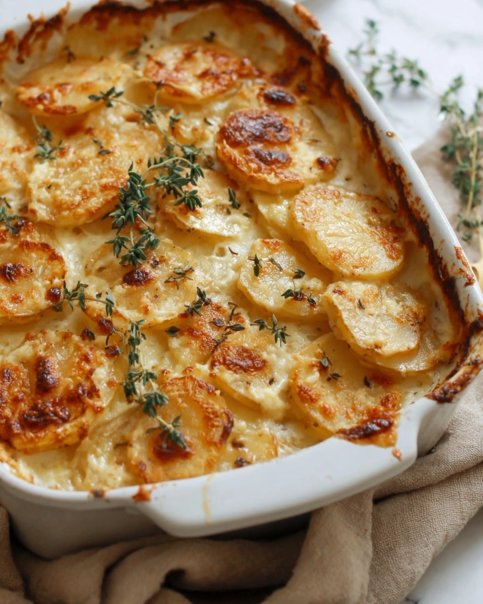 A white rectangular dish filled with golden, baked scalloped potatoes layered evenly. The top layer has thin, round potato slices browned in spots with some melted cheese showing a crispy texture. A few sprigs of fresh green thyme are placed on the center of the dish for decoration. The dish rests on a white marbled surface with a beige cloth partially visible underneath. Photo taken with an iphone --ar 4:5 --v 7