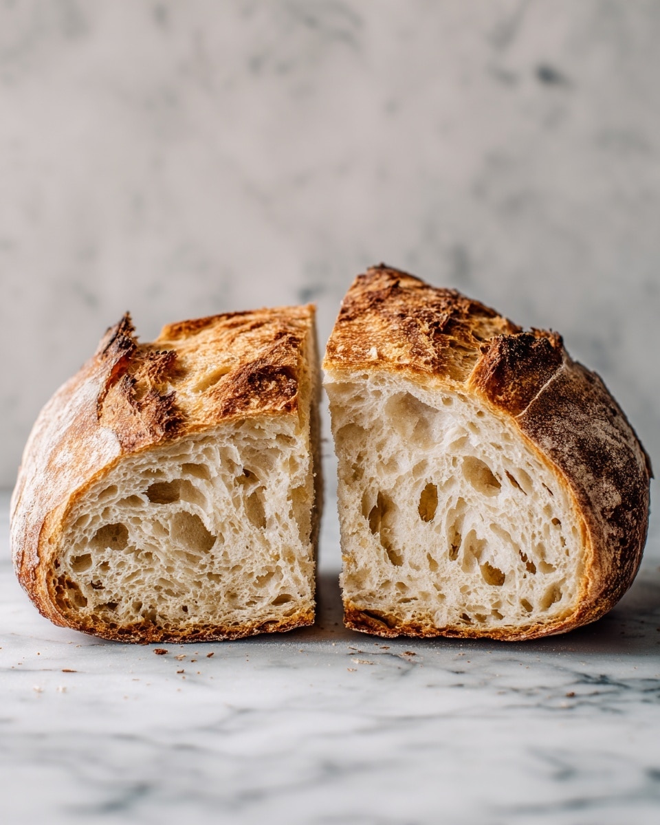 A close-up image of a loaf of crusty bread placed on a white marbled surface, showing a thick outer crust with deep brown and golden shades and a soft, airy interior with visible holes and a pale cream color. The loaf has a slightly rounded shape with a rustic, cracked top revealing an inviting fluffy inside. Photo taken with an iphone --ar 4:5 --v 7