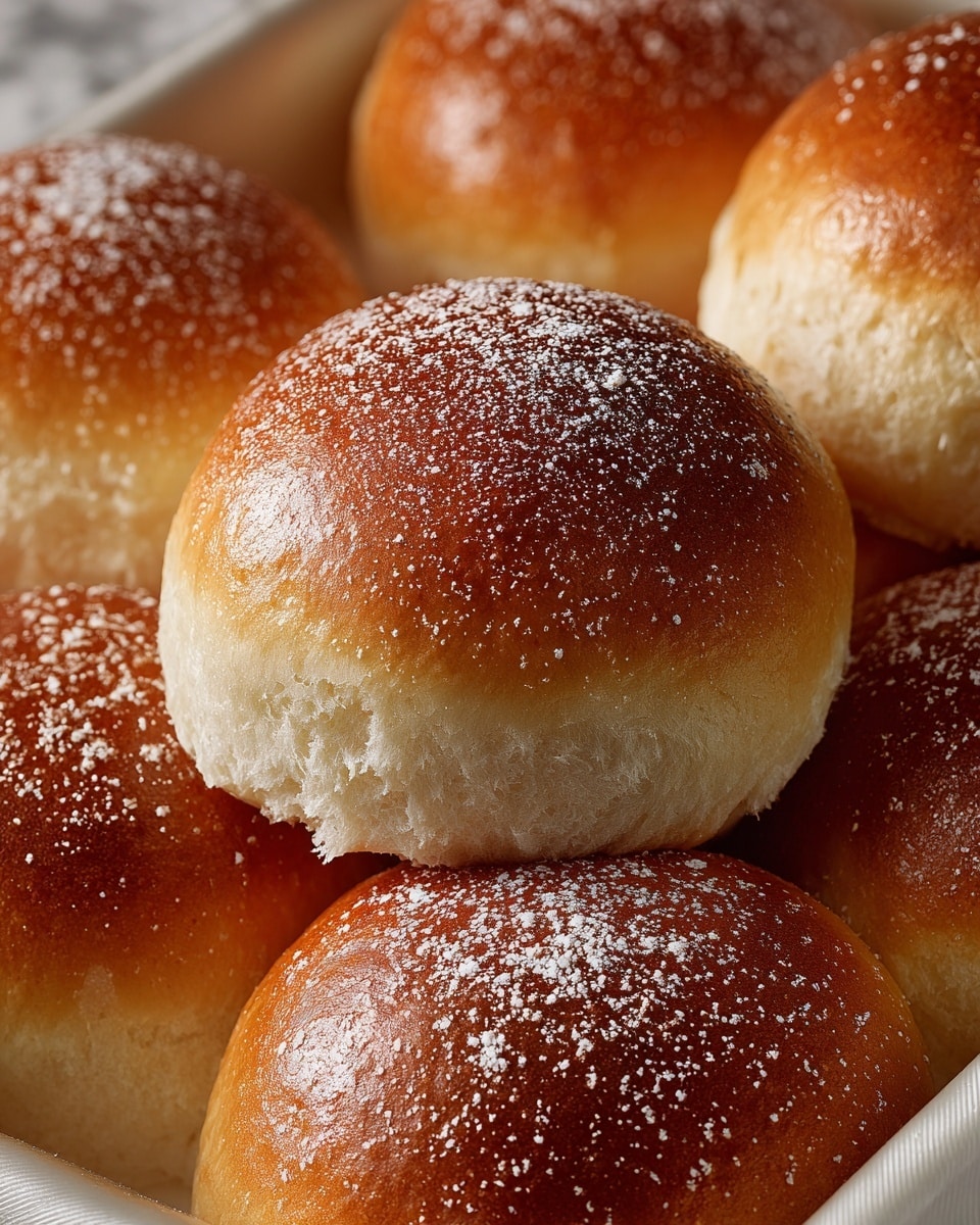 Seven soft, round bread rolls with a golden-brown top and light dusting of flour sit closely on a baking tray. The sides of the rolls are pale and smooth, showing a fluffy texture. The background features a white marbled surface, giving a clean and bright look. photo taken with an iphone --ar 4:5 --v 7