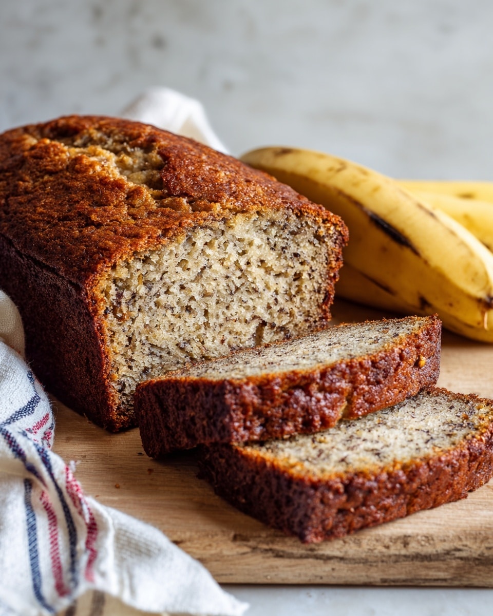 A loaf of banana bread sits on a light wood surface, with three thick slices cut and laid in front of the main loaf. The bread has a golden brown crust that looks slightly crispy with a soft, moist interior flecked with dark walnut pieces throughout. Beside the bread, there is a peeled banana showing its creamy yellow flesh and a white towel with blue and red stripes partially visible on the left. The background is a white marbled texture. photo taken with an iphone --ar 4:5 --v 7