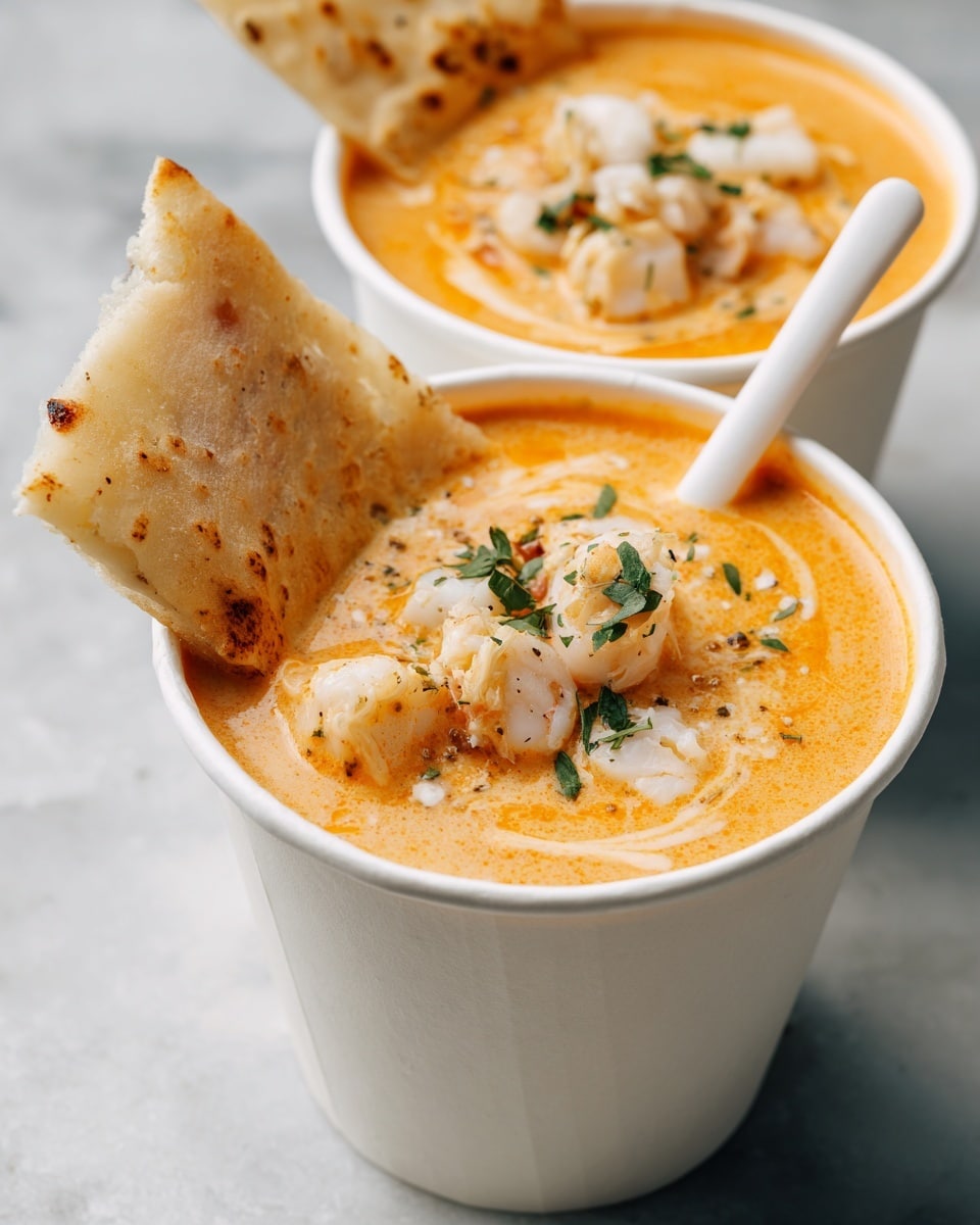 Two white paper cups are filled with creamy orange seafood soup that has a slightly oily texture on top. Each cup contains chunks of white crab meat partially covered by the soup, with small green herb pieces sprinkled on them. On the rim of each cup, there is a light beige, slightly crispy flatbread piece placed vertically. One cup has a white plastic spoon inserted on the right side. The cups are placed on a white marbled surface with a beige napkin underneath. photo taken with an iphone --ar 4:5 --v 7