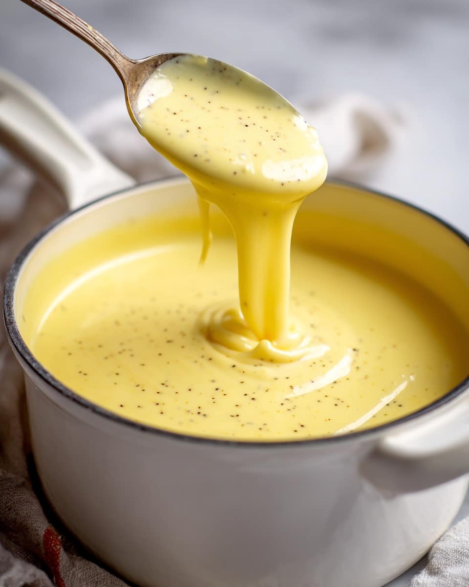 A white bowl filled with creamy, smooth yellow custard that has tiny vanilla specks throughout. A spoon lifts some custard above the bowl, showing its thick, glossy texture as it drips slowly back. The custard fills most of the bowl, with some custard coating the inside edges. The background has a soft focus with a white marbled surface. Photo taken with an iphone --ar 4:5 --v 7