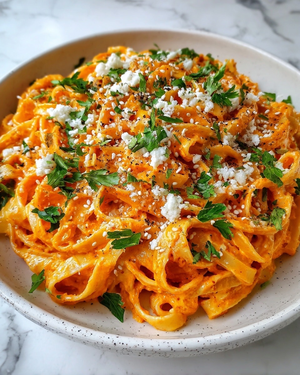 A bowl of creamy orange pasta with thick flat noodles coated in a smooth sauce sits centered on a white marbled surface. The pasta is topped with finely chopped fresh green herbs, sprinkled white sesame seeds, and a light dusting of grated cheese, creating a mix of colors and textures. The bowl is white with a speckled rim, holding the vibrant pasta that fills it generously. Photo taken with an iphone --ar 4:5 --v 7