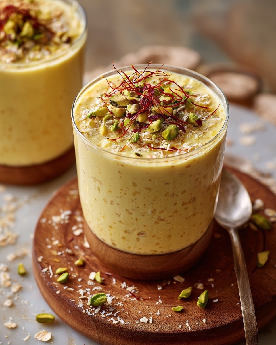 The image shows a glass jar filled with a creamy yellow pudding that has visible pieces of soaked oats, giving it a textured look. On the top layer, there are sliced green pistachios scattered and a few thin strands of saffron adding a touch of red color. The jar is placed on a round wooden board, which sits on a white marbled surface with scattered oatmeal flakes and cardamom pods around. photo taken with an iphone --ar 4:5 --v 7